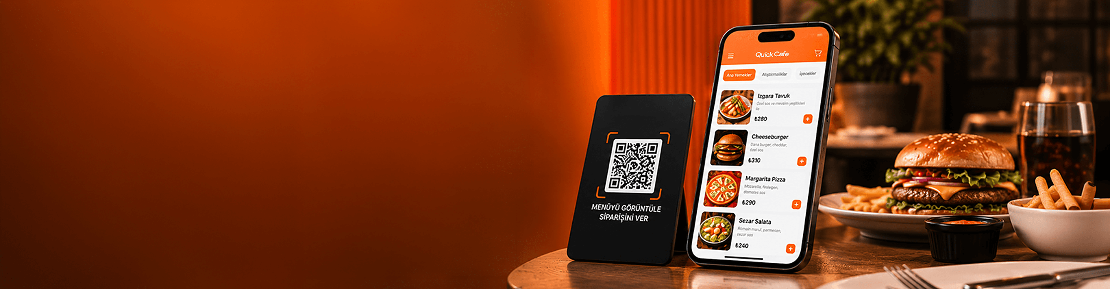 Restoran masasında QR menü standı ve telefon ekranında dijital menü
