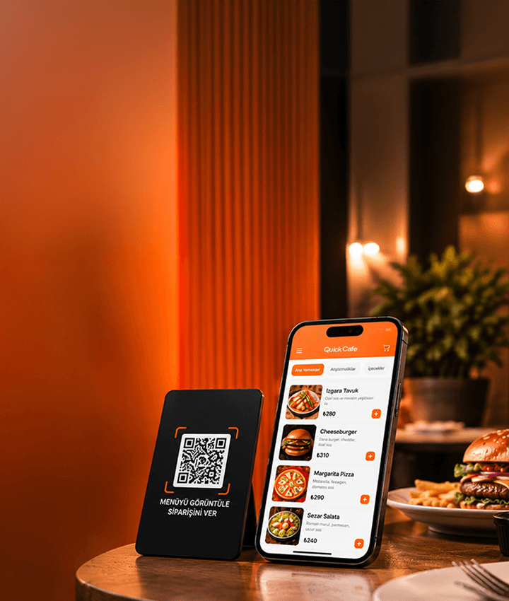 Restoran masasında QR menü standı ve telefon ekranında dijital menü